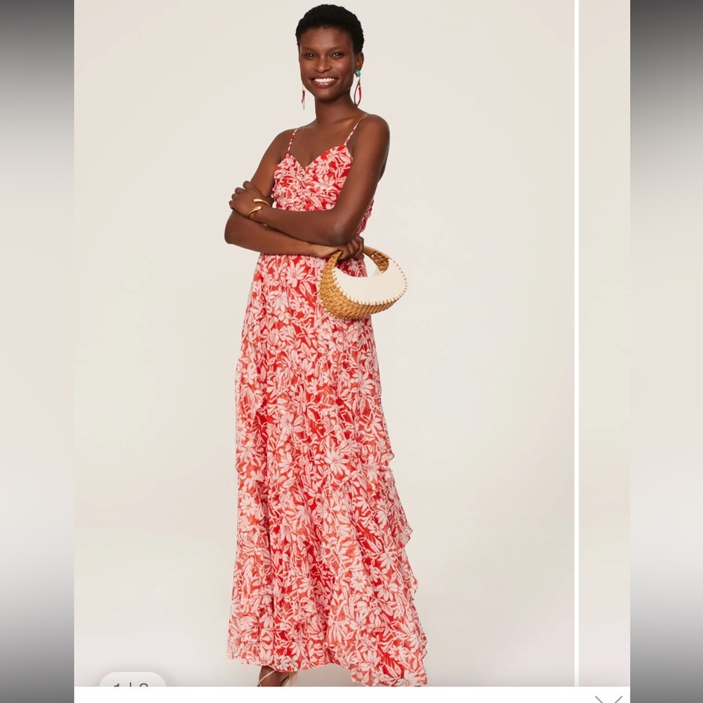 Badgley Mischka Red Floral Tiered Spaghetti Strap Flowy Dress Maxi 2